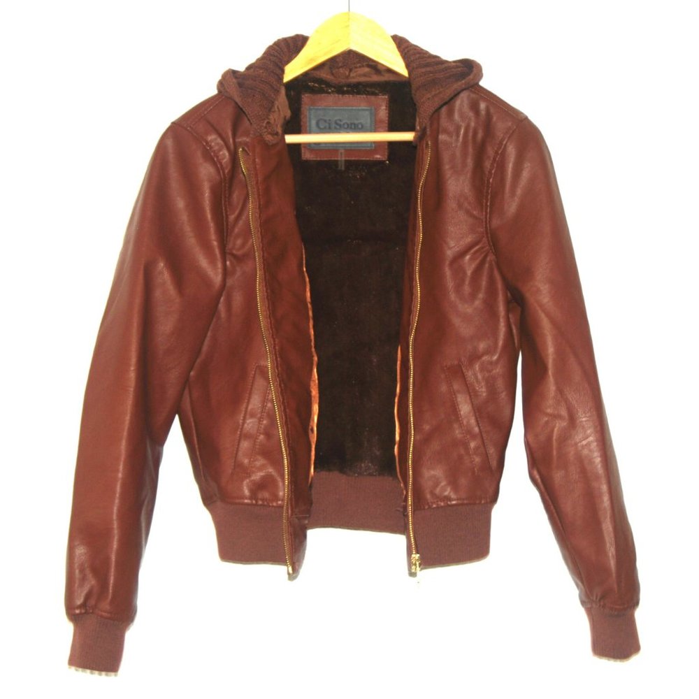 Ci Sono Faux Leather & Fur Lined Sweater Hoodie Bomber Jacket